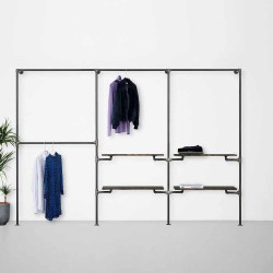 Elbise Askılığı Portmanto Üç Bölümlü Yan Yana İki Raflı Gardrop Duvar Tipi Su Borusu Retro Tarz Elbise Askılığı Portmanto Üç Bölümlü Yan Yana İki Raflı Gardrop Duvar Tipi Su Borusu Retro Tarz