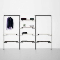 Elbise Askı ve Rafı Butik Mağaza Konfeksiyonlar İçin Üç Bölüm Sekiz Raflı Gardrop Duvar Tipi Su Borusu Retro Tarz